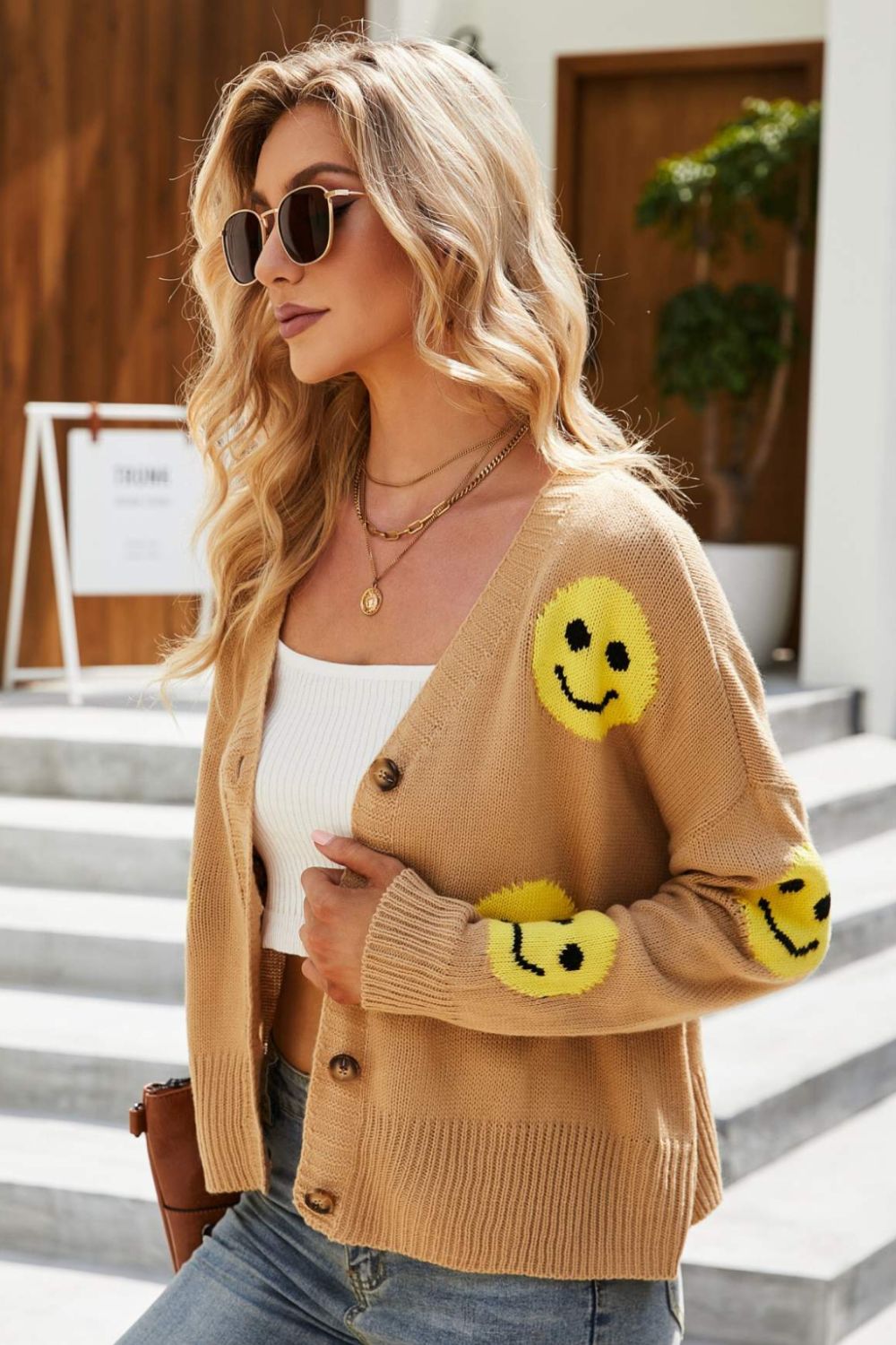 Smiley Face Ribbed Trim V-Neck Cardigan - Shah S. Sahota