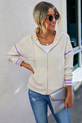 Stripe Detail Zip Up Drawstring Hoodie - Shah S. Sahota