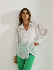 Printed Tie-Cuff Balloon Sleeve Sheer Shirt - Shah S. Sahota