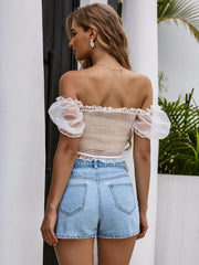 Two-Tone Frill Trim Cropped Mesh Top - Shah S. Sahota