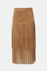 Fringe Detail Faux Suede Midi Skirt - Shah S. Sahota