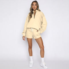 Stand-Up Collar Zipper Pullover Long-Sleeved Sweatshirts & Tie Shorts Lounge Sets - Shah S. Sahota