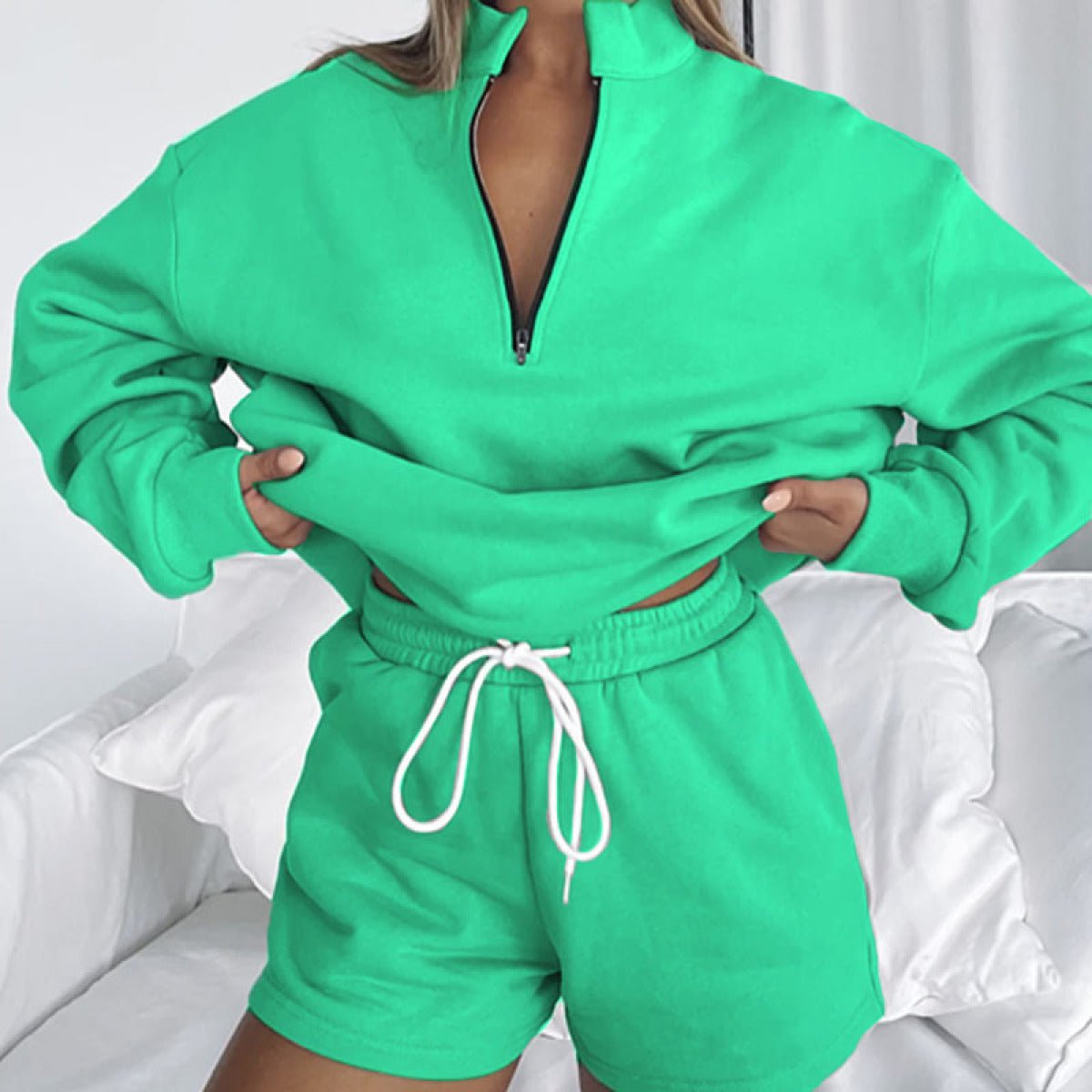 Stand-Up Collar Zipper Pullover Long-Sleeved Sweatshirts & Tie Shorts Lounge Sets - Shah S. Sahota