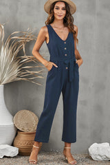 Belted V-Neck Sleeveless Jumpsuit with Pockets - Shah S. Sahota