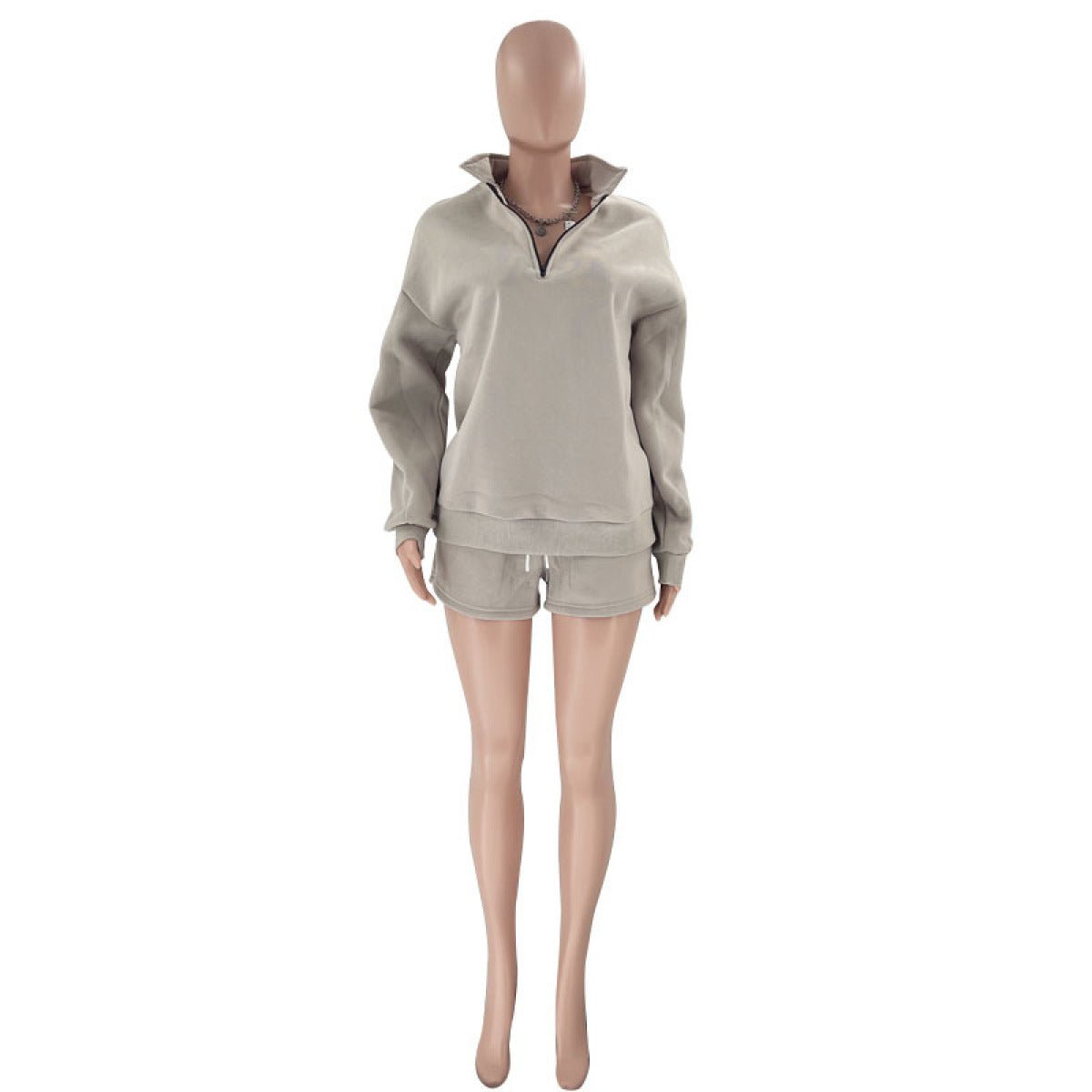 Stand-Up Collar Zipper Pullover Long-Sleeved Sweatshirts & Tie Shorts Lounge Sets - Shah S. Sahota