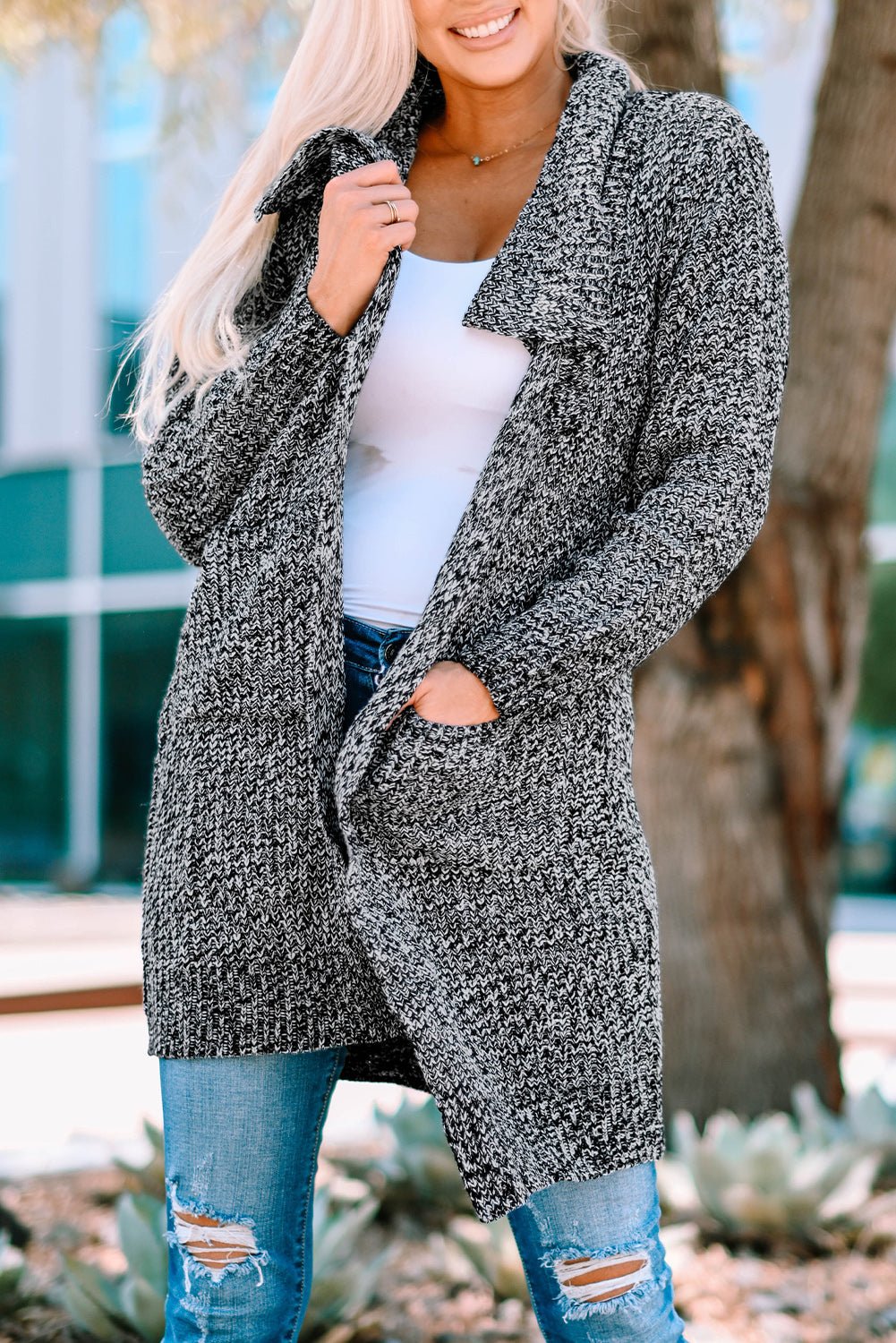 Heathered Open Front Longline Cardigan with Pockets - Shah S. Sahota