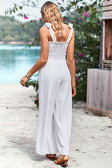 Frill Trim Tie Shoulder Wide Leg Jumpsuit with Pockets - Shah S. Sahota