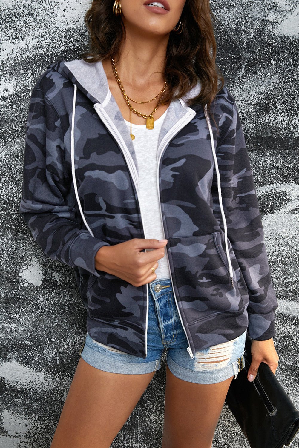 Camouflage Drawstring Detail Zip Up Hooded Jacket - Shah S. Sahota
