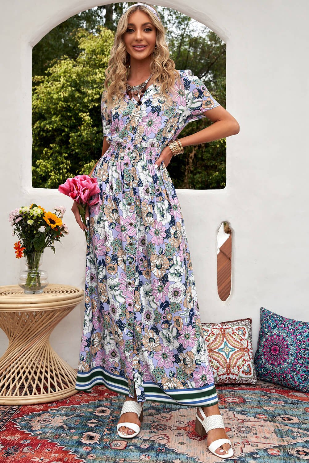 Floral Buttoned Short Sleeve Maxi Dress - Shah S. Sahota