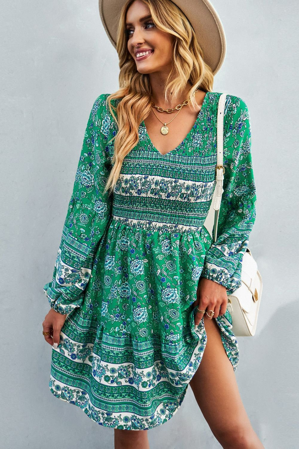 Bohemian V-Neck Balloon Sleeve Dress - Shah S. Sahota
