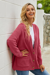 Button Front Plunge Cardigan with Front Pockets - Shah S. Sahota