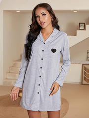 Heart Graphic Lapel Collar Long Sleeve Night Dress - Shah S. Sahota