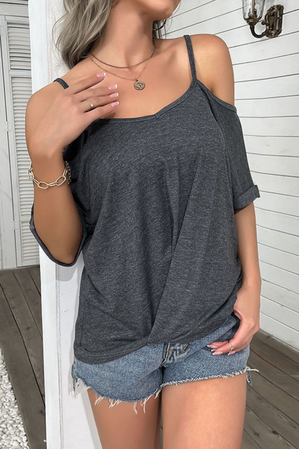 Cold-Shoulder Twist Front Tee Shirt - Shah S. Sahota