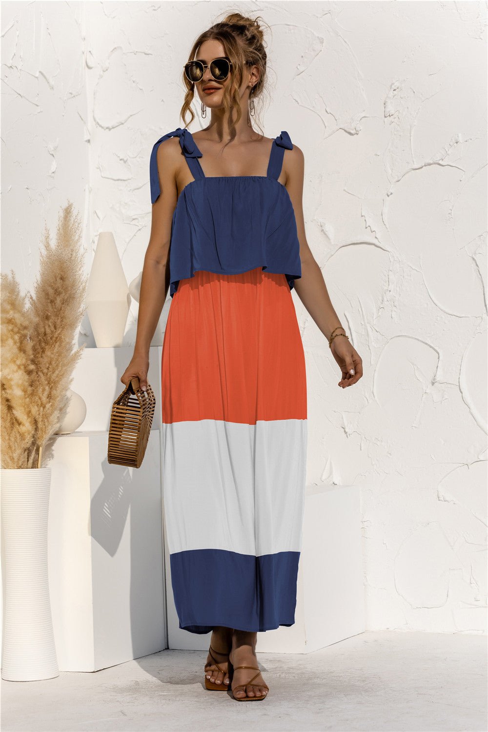 Color Block Tie Shoulder Tiered Sleeveless Dress - Shah S. Sahota