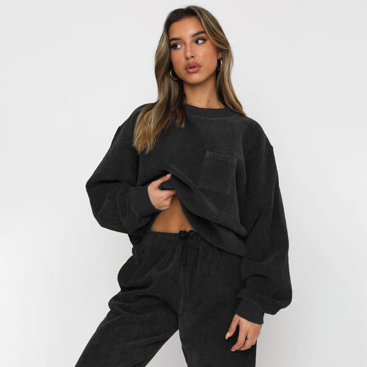 Corduroy Crew Neck Pullover Long Sleeve Sweatshirts & TiePants Two-Piece Sets - Shah S. Sahota