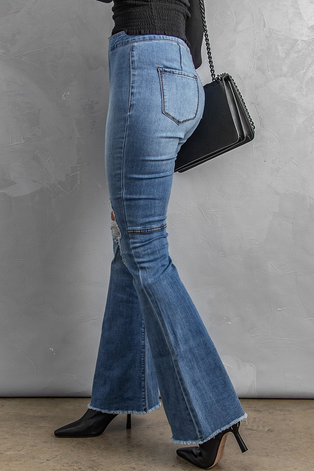 Distressed Raw Hem High-Waist Flare Jeans - Shah S. Sahota