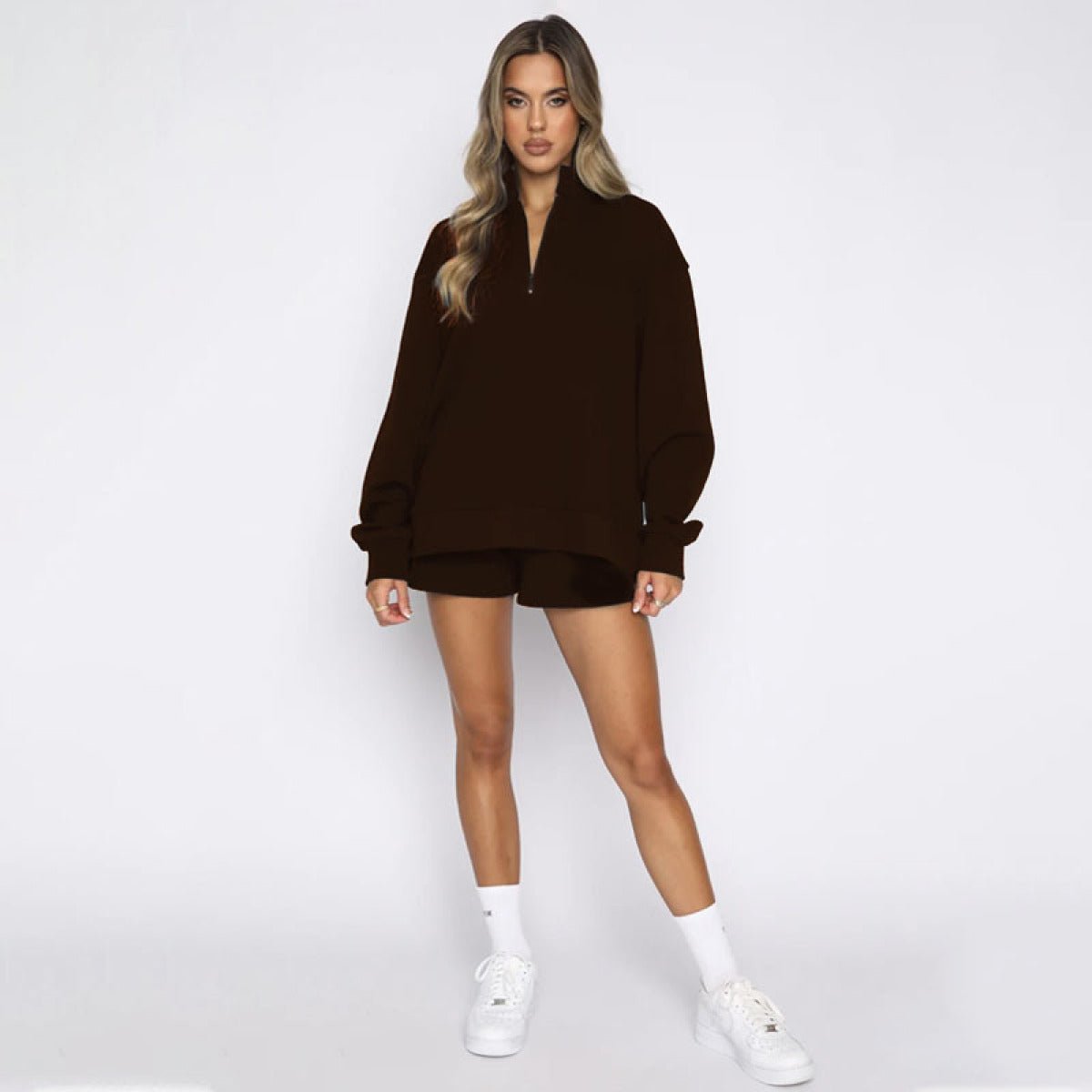 Stand-Up Collar Zipper Pullover Long-Sleeved Sweatshirts & Tie Shorts Lounge Sets - Shah S. Sahota