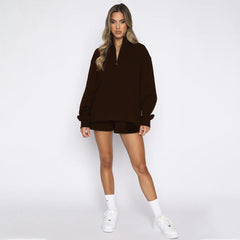 Stand-Up Collar Zipper Pullover Long-Sleeved Sweatshirts & Tie Shorts Lounge Sets - Shah S. Sahota