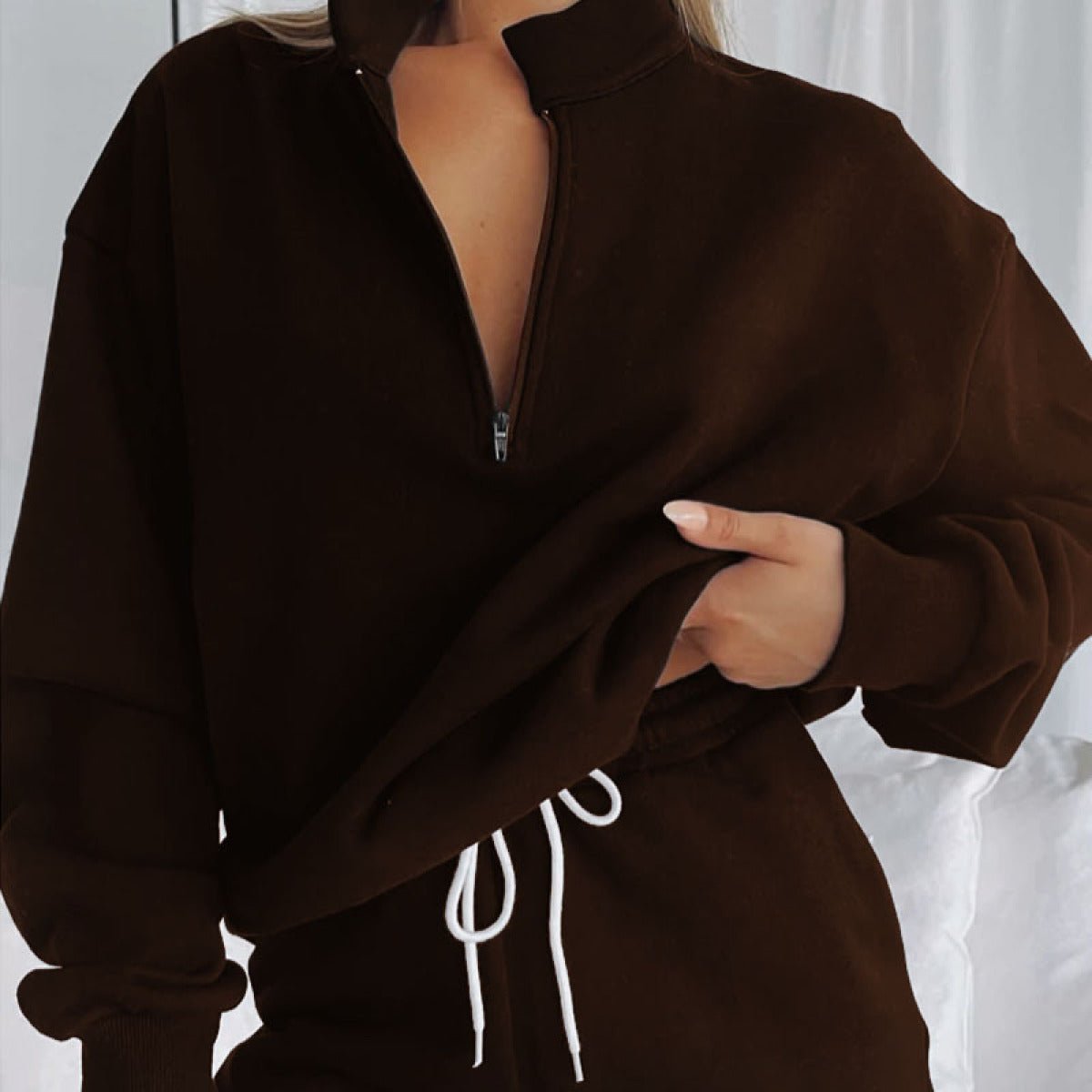 Stand-Up Collar Zipper Pullover Long-Sleeved Sweatshirts & Tie Shorts Lounge Sets - Shah S. Sahota