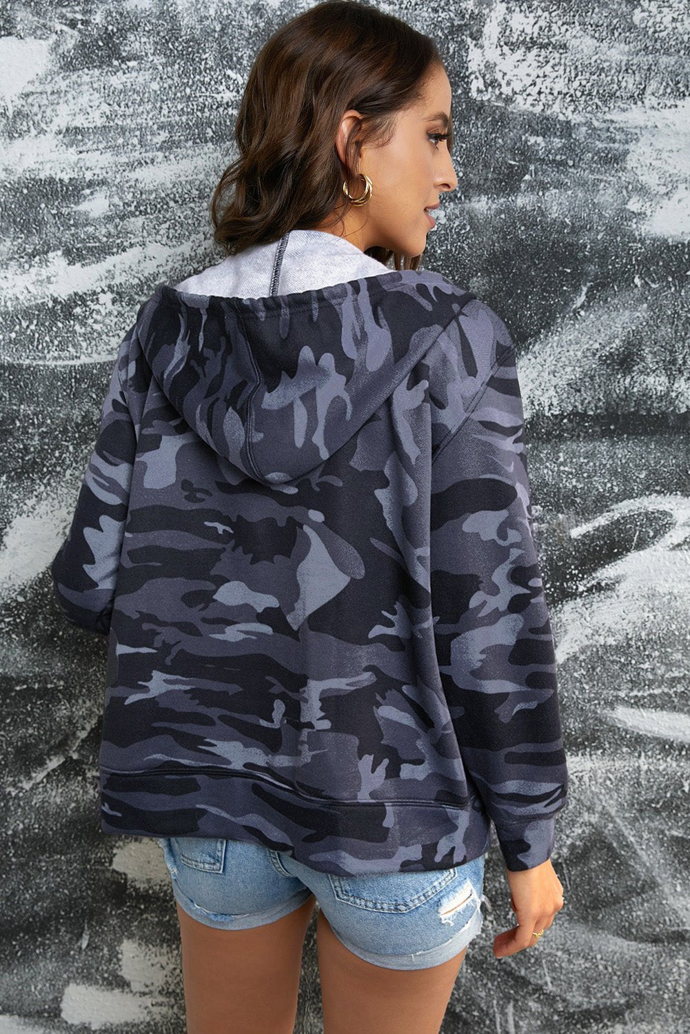Camouflage Drawstring Detail Zip Up Hooded Jacket - Shah S. Sahota