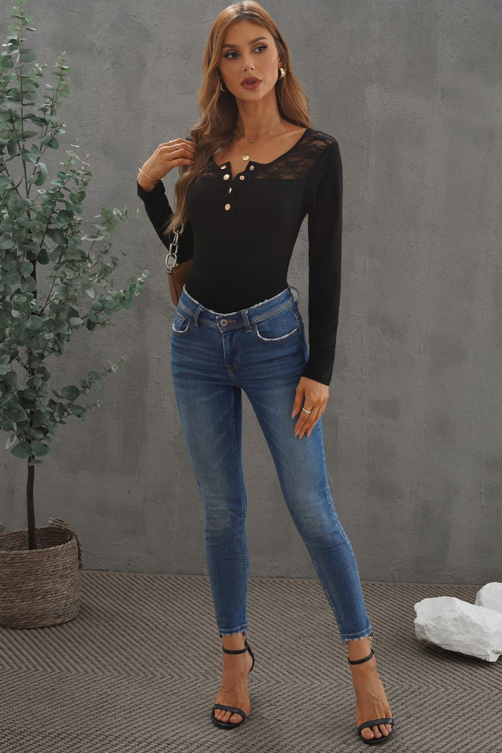 Contrast Lace Button Up Top - Shah S. Sahota