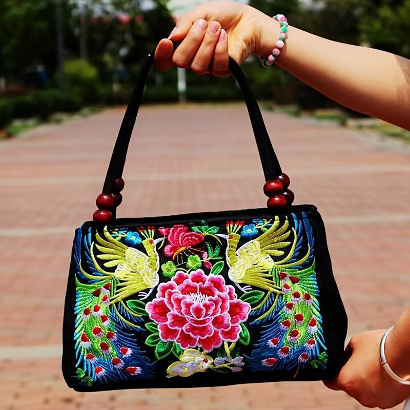 Double-Sided Embroidered Tote Bag, Vintage Ethnic Handbag, Zipper Versatile Satchel Bag - Shah S. Sahota