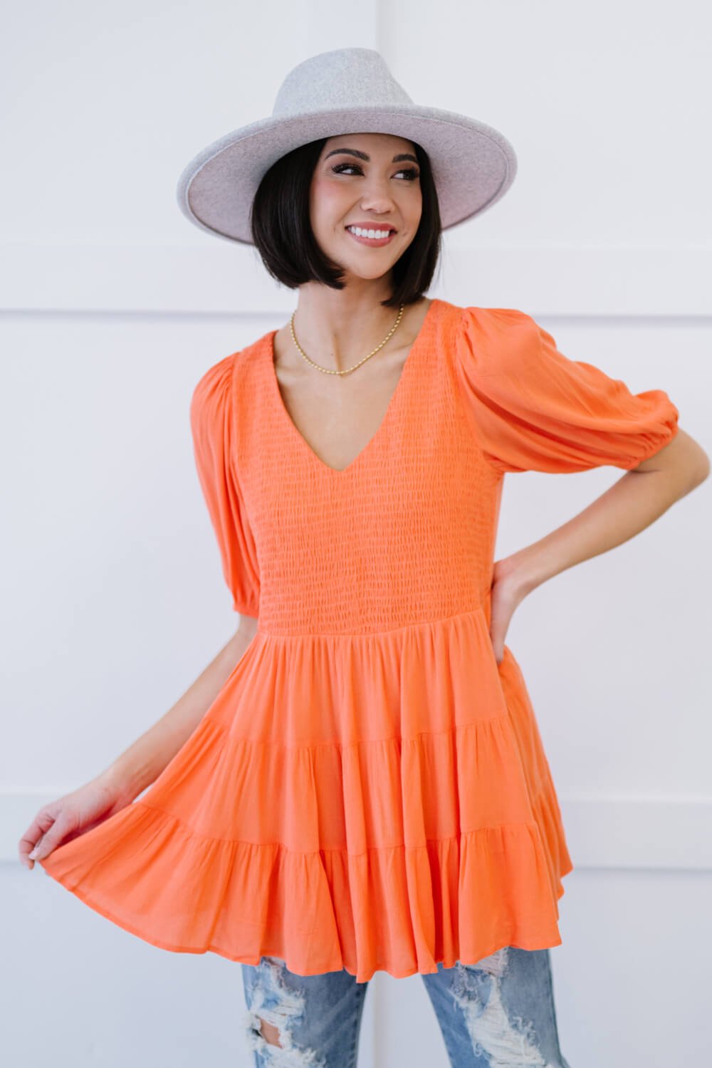 Davi & Dani One-Way Ticket Full Size Run Smocked Tiered Babydoll Blouse - Shah S. Sahota