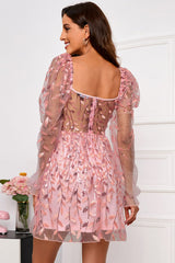Applique Mesh Zip-Back Flounce Sleeve Dress - Shah S. Sahota
