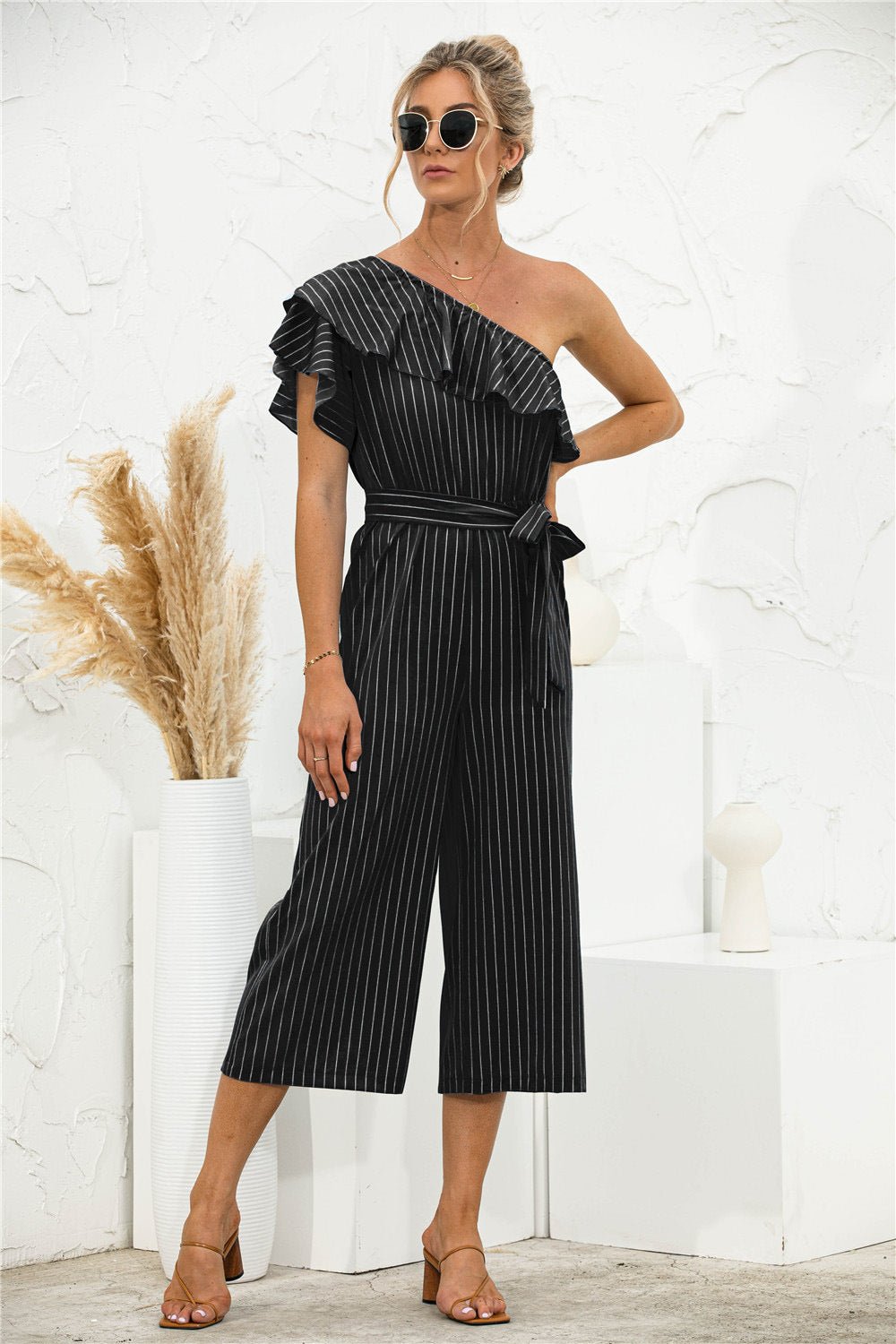 Asymmetric Neck Ruffle Trim Striped Jumpsuit - Shah S. Sahota