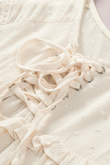 Swiss Dot Lace-Up Lace Trim Blouse - Shah S. Sahota