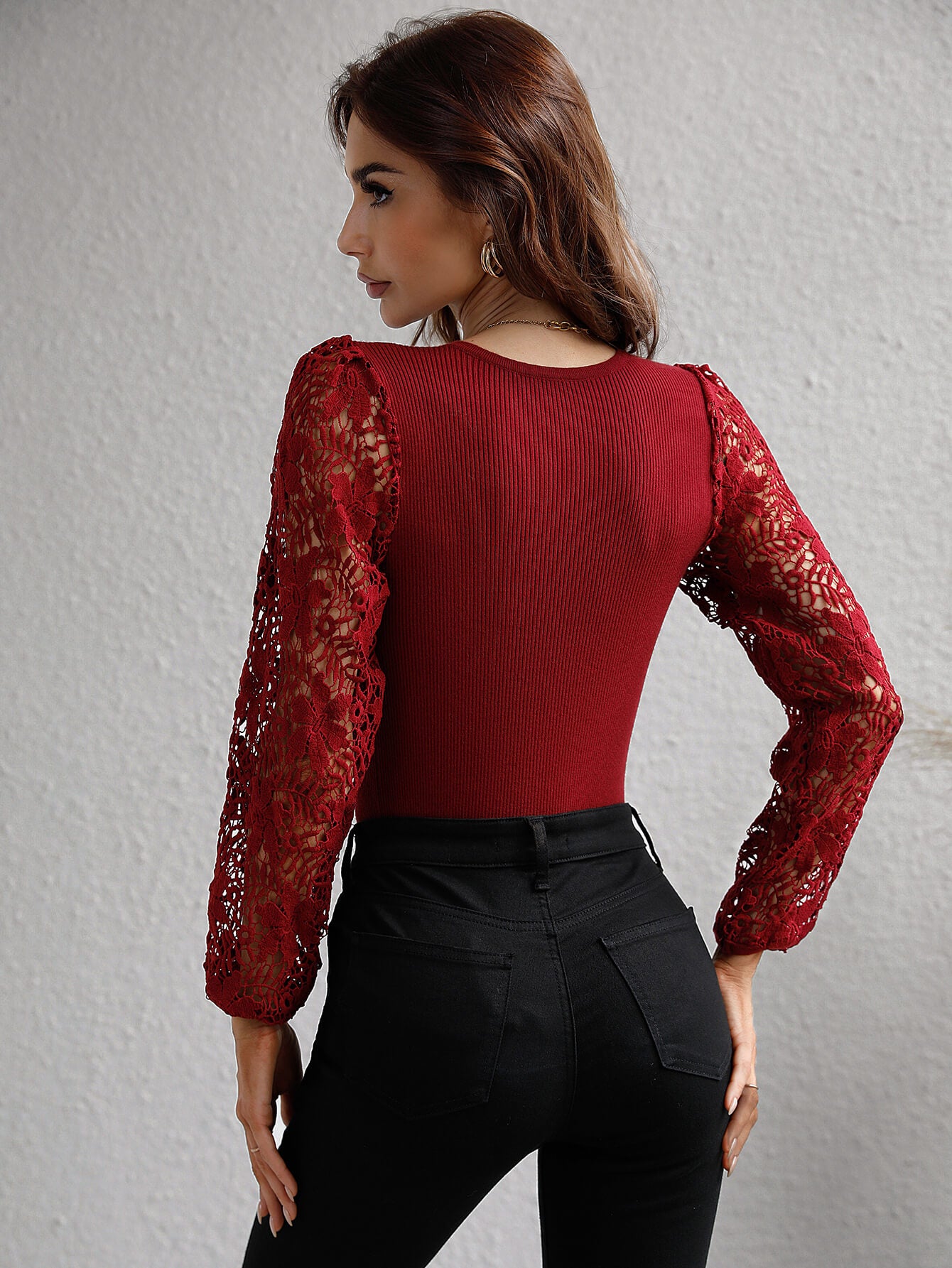 Lace Sleeve Round Neck Ribbed Top - Shah S. Sahota