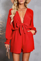 Tied Flounce Sleeve Plunge Romper - Shah S. Sahota