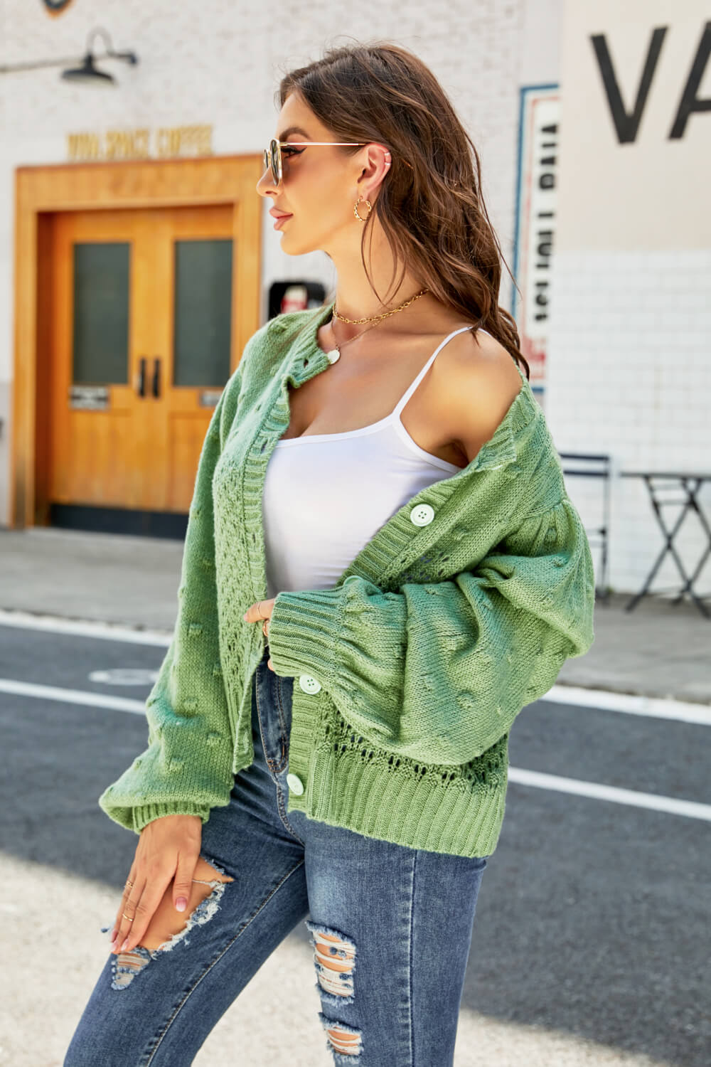 Openwork Pompom Puff Sleeve Cardigan - Shah S. Sahota