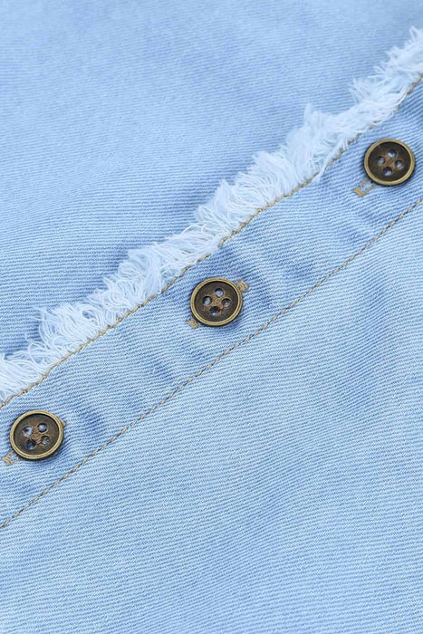 Frayed Trim Button Front Denim Shirt - Shah S. Sahota