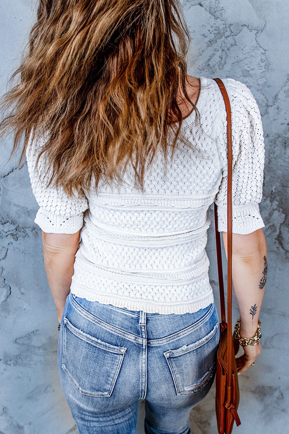 Flounce Sleeve Openwork Knit Top - Shah S. Sahota