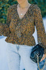 Leopard Ruffled V-Neck Peplum Blouse - Shah S. Sahota