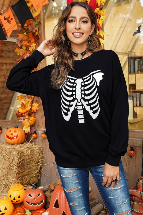 Halloween Skeleton Graphic Round Neck Sweatshirt - Shah S. Sahota