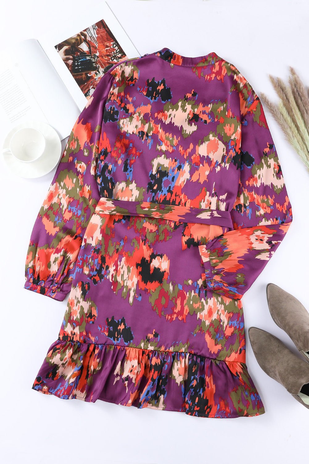 Abstract Print Belted Ruffle Hem Dress - Shah S. Sahota