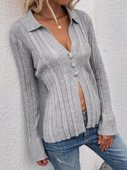 Buttoned Rib-Knit Collared Cardigan - Shah S. Sahota