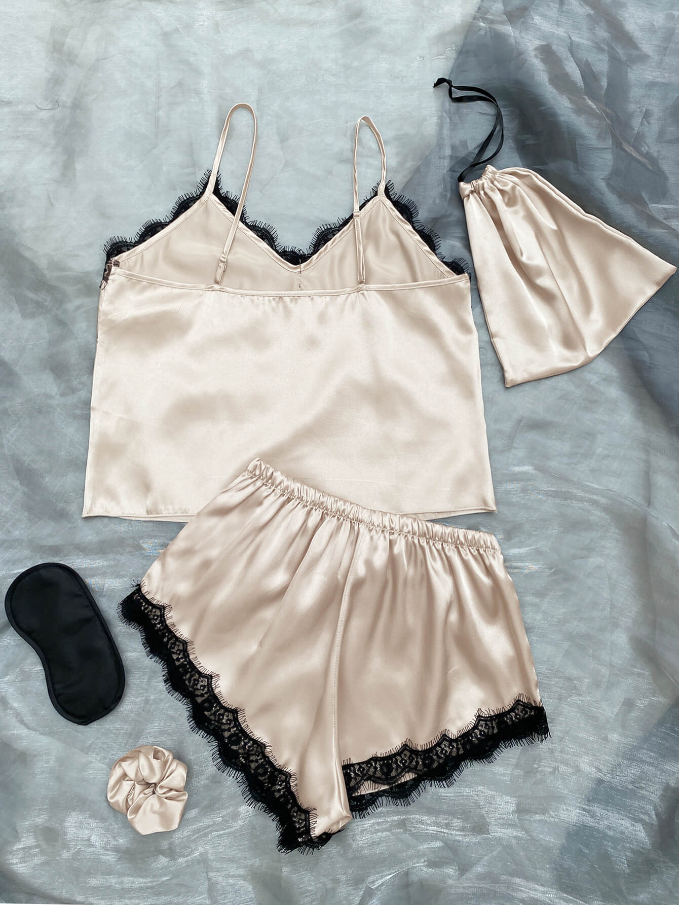 Lace Trim Cami, Shorts, Eye Mask, Scrunchie, and Bag Pajama Set - Shah S. Sahota