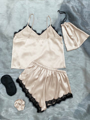 Lace Trim Cami, Shorts, Eye Mask, Scrunchie, and Bag Pajama Set - Shah S. Sahota