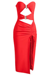 Cutout Strapless Drawstring Detail Split Bandage Dress - Shah S. Sahota
