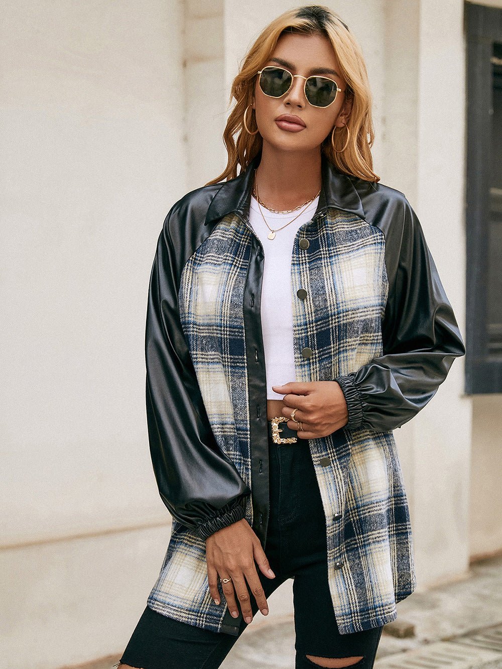 Plaid Button Down Raglan Sleeve Jacket - Shah S. Sahota