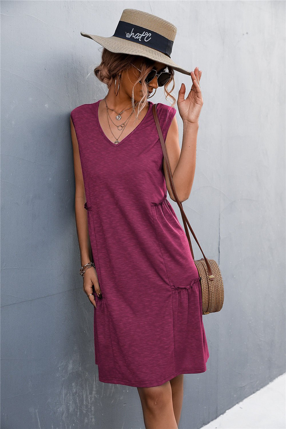 V-Neck Frill Trim Sleeveless Dress - Shah S. Sahota