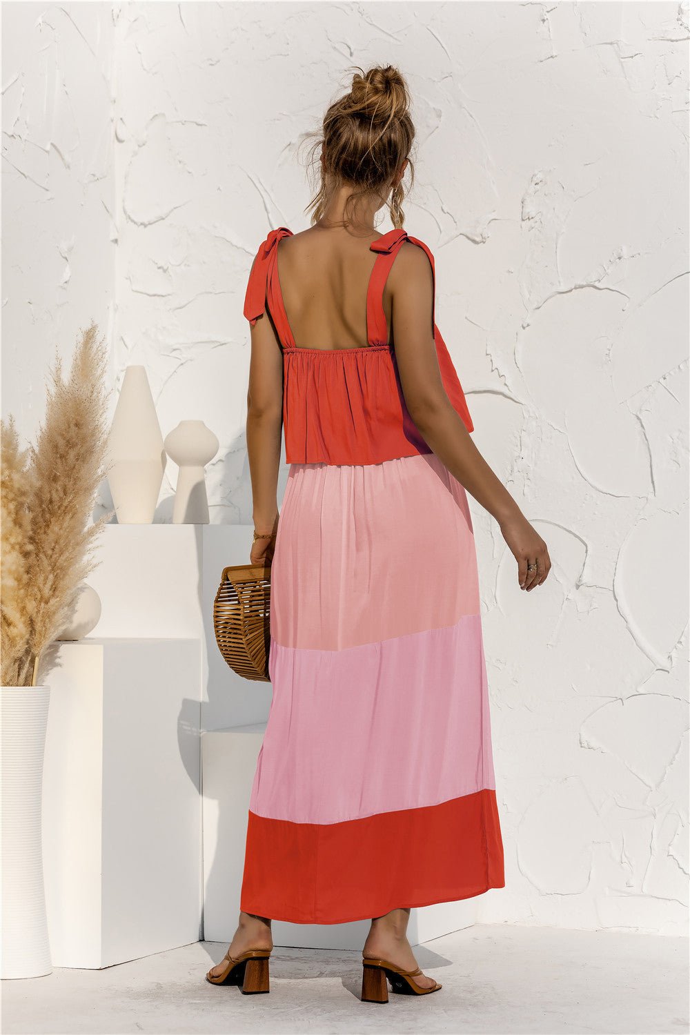 Color Block Tie Shoulder Tiered Sleeveless Dress - Shah S. Sahota