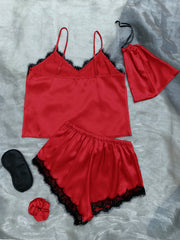Lace Trim Cami, Shorts, Eye Mask, Scrunchie, and Bag Pajama Set - Shah S. Sahota