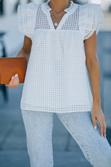 Grid V-Neck Ruffle Shoulder Frill Trim Top - Shah S. Sahota