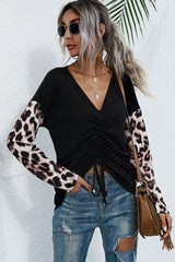 Leopard Drawstring Ruched Deep V Top - Shah S. Sahota