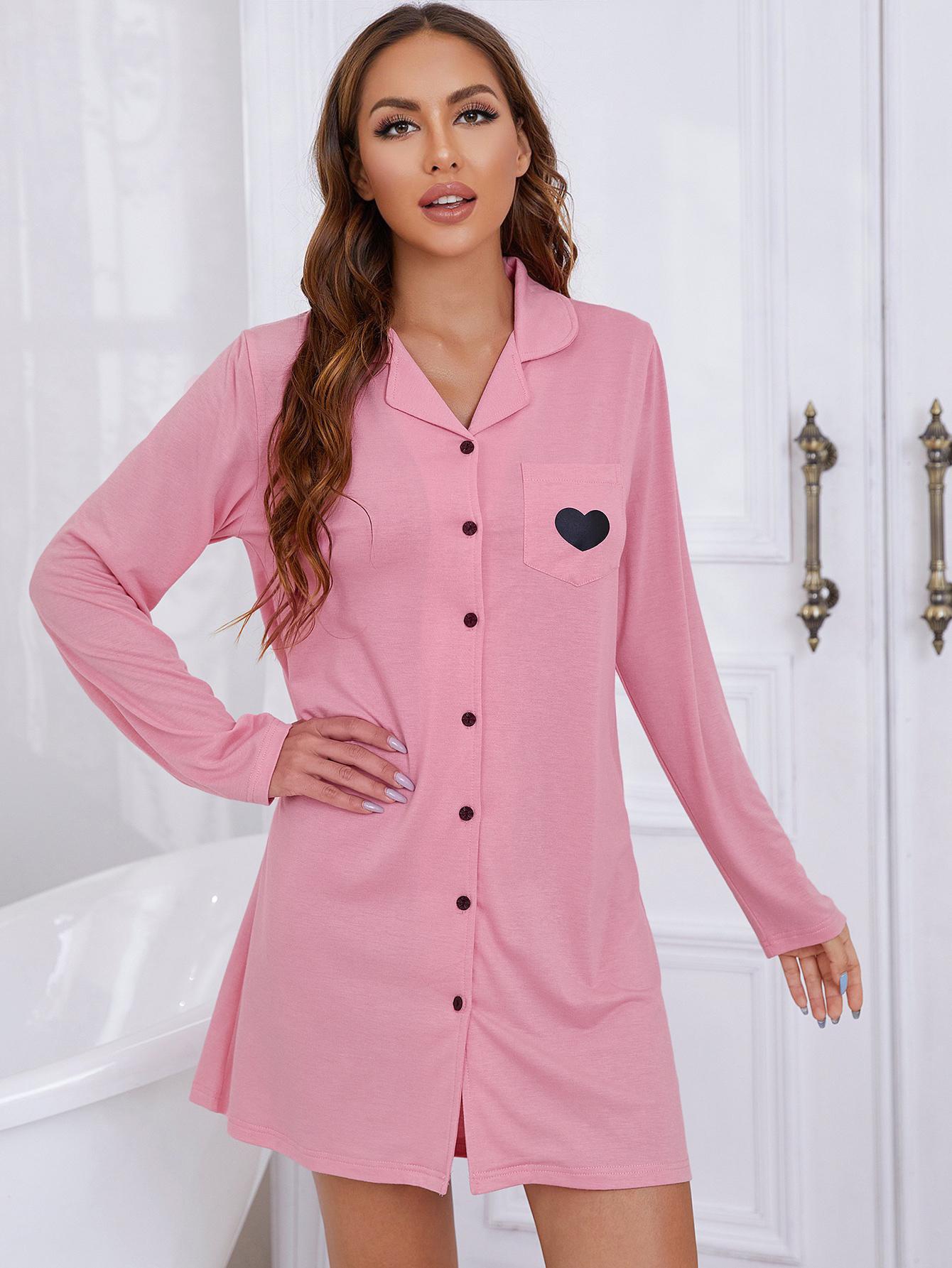 Heart Graphic Lapel Collar Long Sleeve Night Dress - Shah S. Sahota