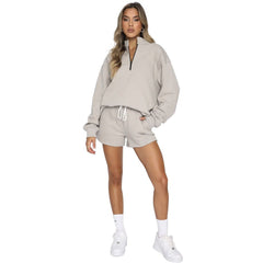 Stand-Up Collar Zipper Pullover Long-Sleeved Sweatshirts & Tie Shorts Lounge Sets - Shah S. Sahota